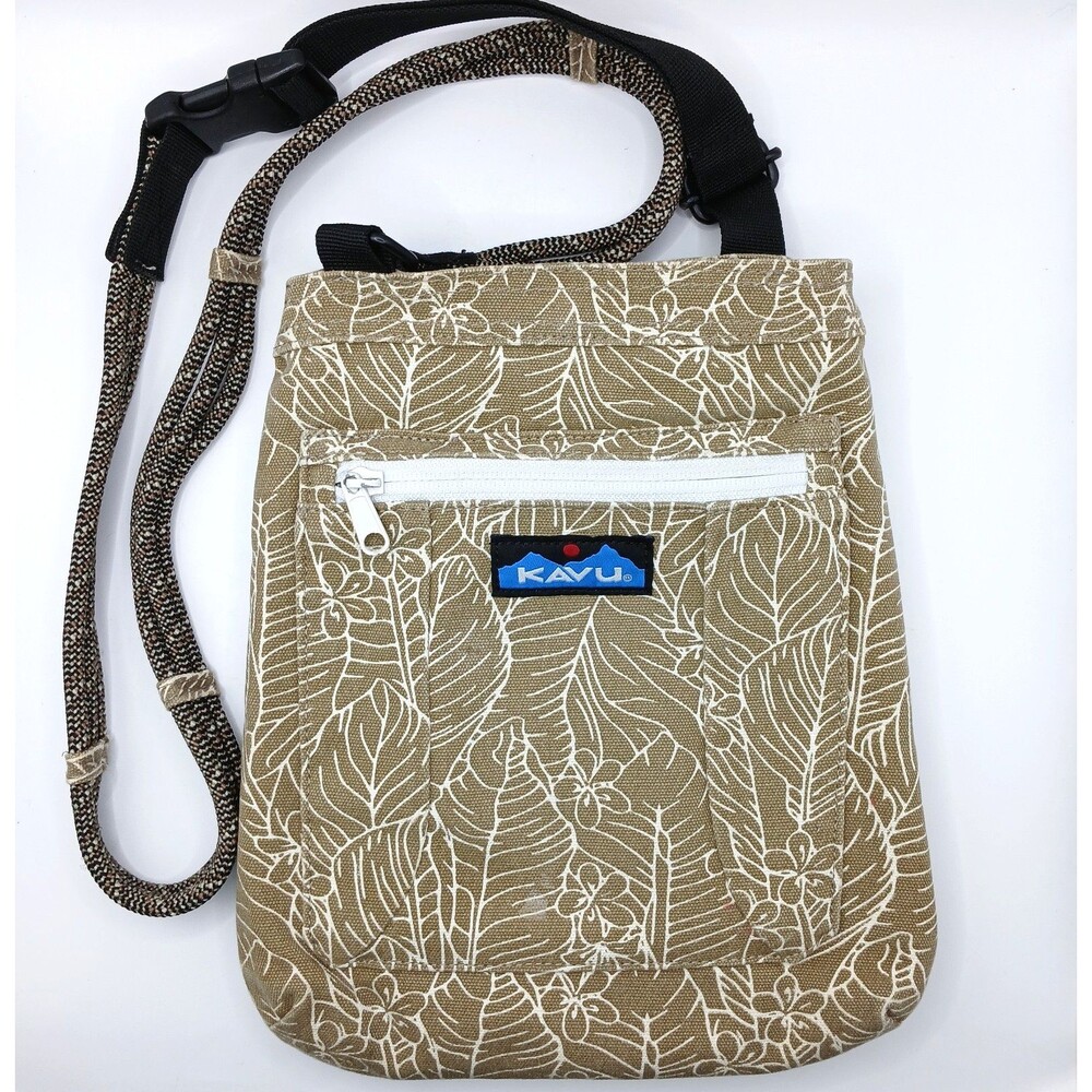 Kavu Keepalong Crossbody Bag Rip Stop Nylon Rope Strap Dark Beige Floral READ